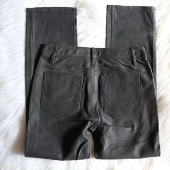 NWT Anthropologie Green Black High Rise Straight Leg Lamb Leather Pants Size 25